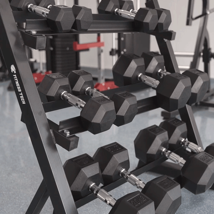 Set Mancuernero + Mancuernas Hexagonales 2,5kg a 22,5kg